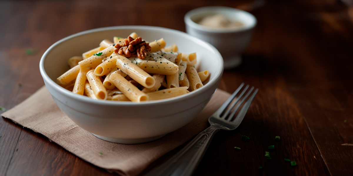 Penne com molho de iogurte e nozes (massa prática)