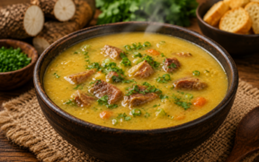Caldo de mandioca com carne de panela