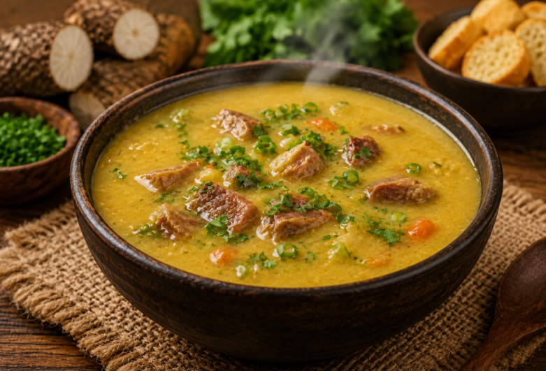 Caldo de mandioca com carne de panela