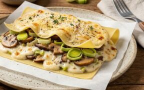 Lasanha aberta de cogumelos e alho-poró com molho branco  (massa pratica)
